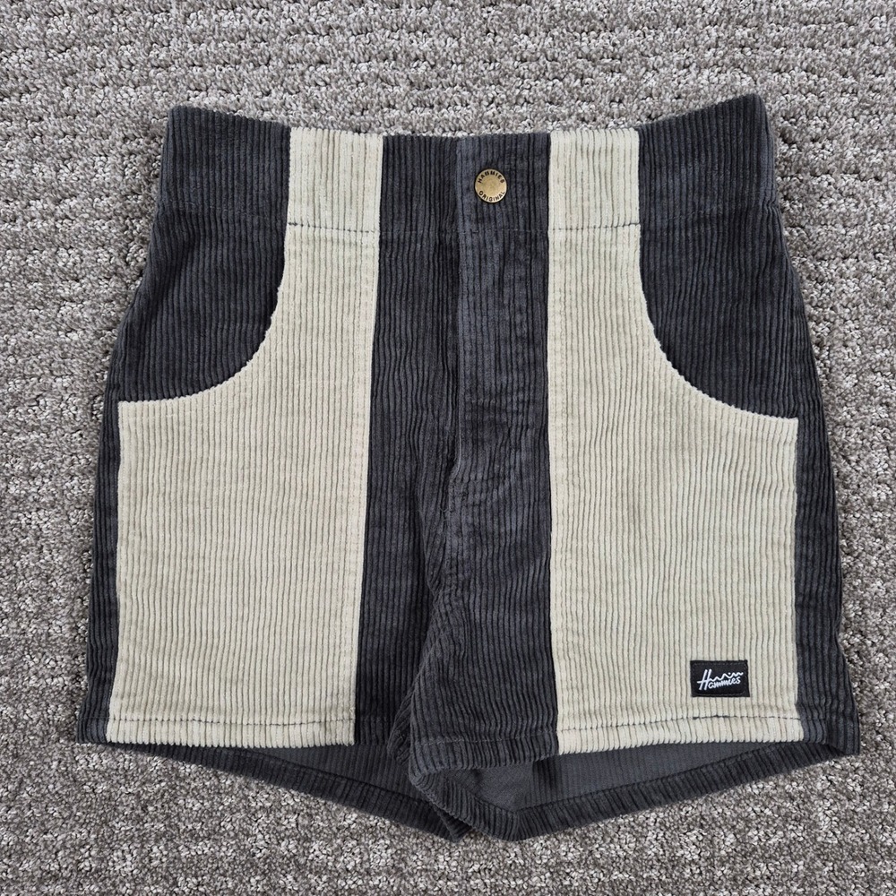 Hammies Corduroy Shorts Womens 24 Gray Cream Longriders 70s Retro Beachwear Surf